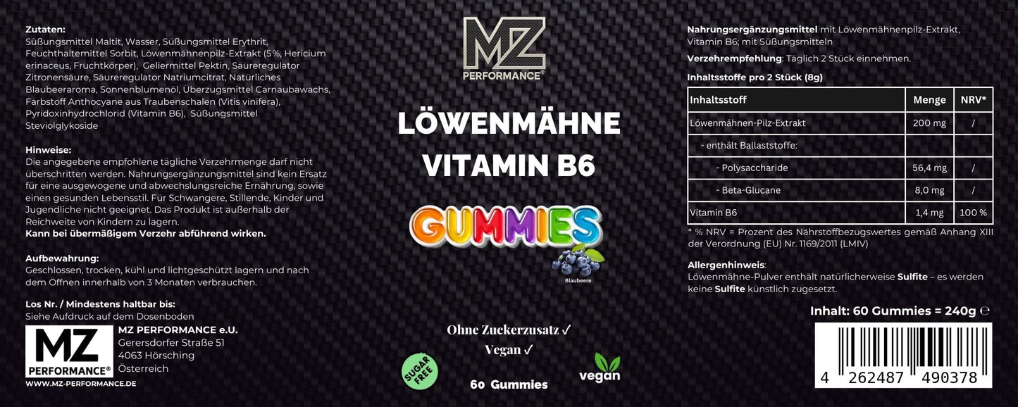 Löwenmähne + Vitamin B6 Gummies - 60 Stk.