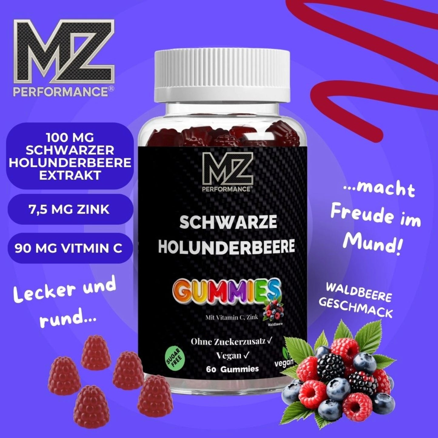 Schwarze Holunderbeere + Vitamin C + Zink Gummies - 60 Stk.