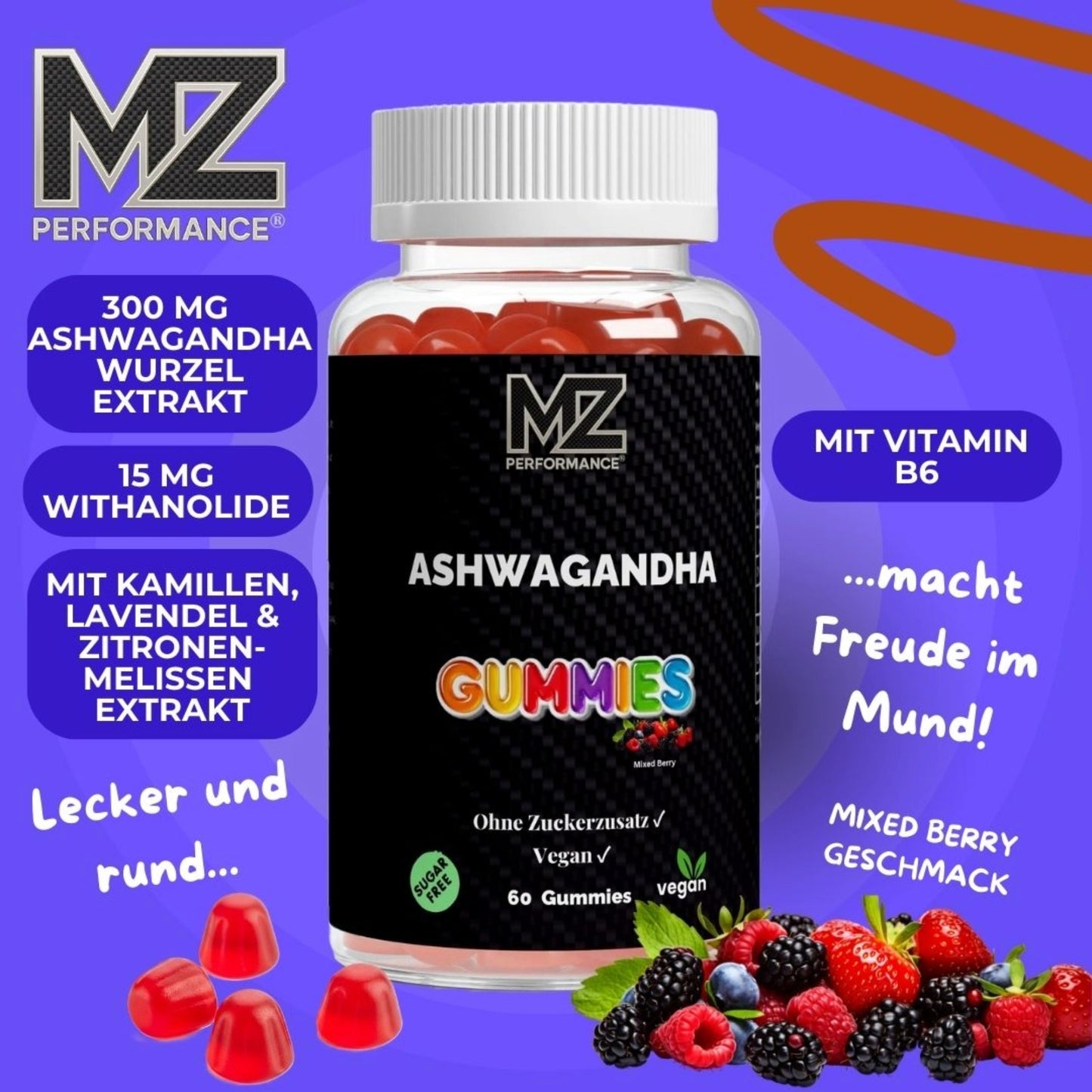 Premium Ashwagandha Gummies 300 + Vitamin B6,- 60 Stk