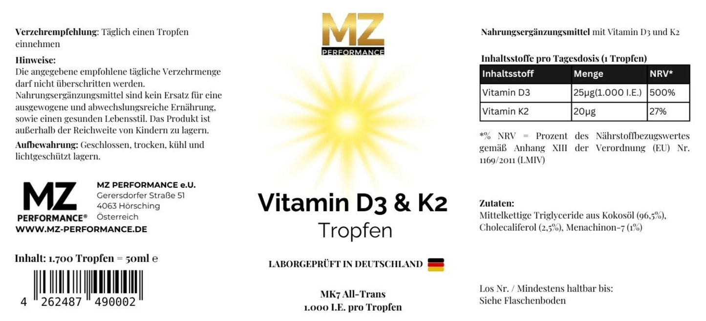 Vitamin D3 + K2 - 1.700 Tropfen (1.000 I.E.) - 50ml