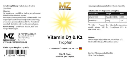 Vitamin D3 + K2 - 1.700 Tropfen (1.000 I.E.) - 50ml
